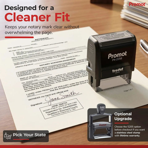 State Specific Self Inking Notary Stamp For All States With Crisp Clear Impressions on legal document.