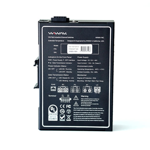 Back view of 18 Port Gigabit Industrial Ethernet Switch Unmanaged with UL Listed label and technical details
