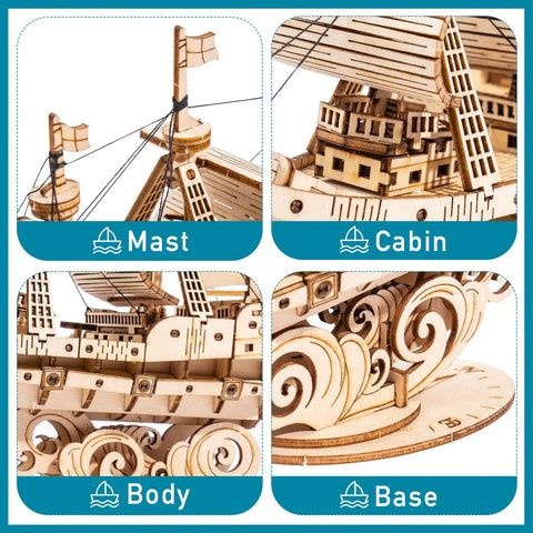 Detailed sections of 3D Wooden Sailboat Puzzle Kit for Adults showing mast, cabin, body, and base of vintage watercraft model to build.