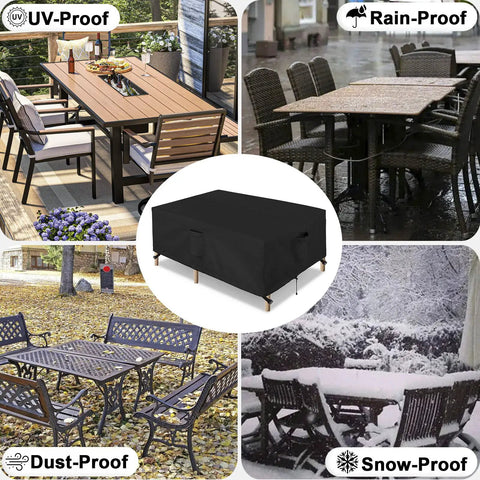 Weatherproof Rectangular Patio Furniture Cover For Outdoor Table And Sectional Sets Waterproof UV Resistant 420D Oxford Fabric Fits 90L X 64W X 28H Inches Black in different weather conditions