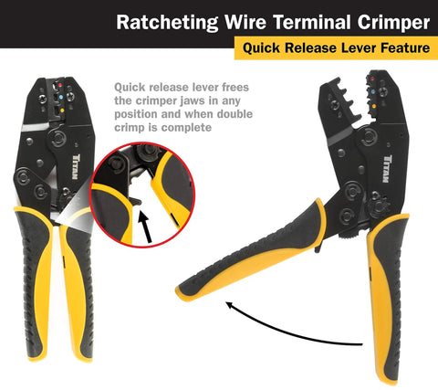 Ratcheting Wire Terminal Crimper Tool For Insulated Terminals With Fixed Jaw Adjustable Clamping And Double Crimp Die