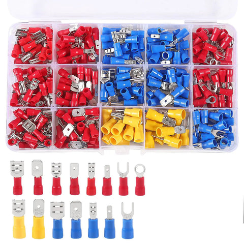 Must Have 280 Piece Crimp Connector Kit With 15 Insulated Terminal Types Spade Ring Fork Terminals in red, blue, yellow