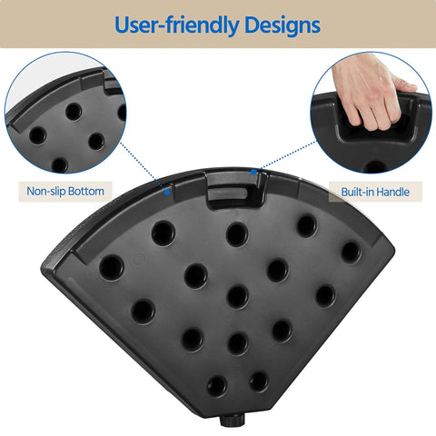 Heavy Duty Four Piece 13 Liter Water And Sand Filled Cantilever Offset Outdoor Umbrella Base Stand For Patio With Weather Resistant HDPE Construction in Black showing non-slip bottom and built-in handle features.