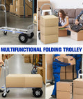 2-In-1 Heavy Duty Industrial Cart With Wheels Folding Hand Truck Dolly For Pros And Movers, 800 Pound Capacity, One Hand Switch From Upright To Flat, Fold-Out Toe Plate, 4-Wheel Workhorse For Heavy Gear. Folding aluminum trolley loaded with boxes in warehouse