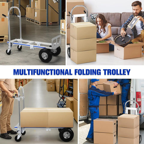 Badass 2in1 Aluminum Foldable Dolly With Killer 800 Lb Capacity shown in a warehouse with stacked boxes and people using it.
