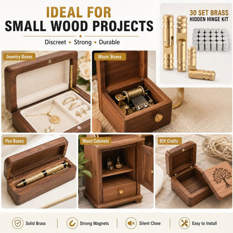 Hidden Brass Hinges Set For Wooden Boxes, Mini Barrel Hinges With 270 Degree Folding And Magnets, 4x17mm shown in wood projects