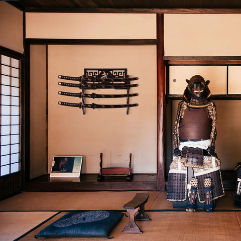 Katana Holder Wall Mount Sword Stand For Samurai And Wakizashi Display 4 Tier Black Rack Hanger with swords in traditional room