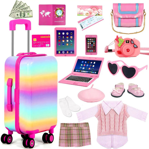 18 Inch Doll Travel Play Set With Luggage Case Clothes Shoes Bag Sunglasses Camera Passport Notebook Phone And More Accessories