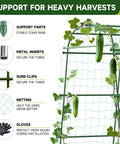 Big Garden Arch Trellis For Climbing Plants with metal tubes, green netting, and cucumbers growing, includes support parts and gloves.