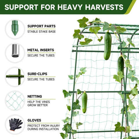 Big Garden Arch Trellis For Climbing Plants with metal tubes, green netting, and cucumbers growing, includes support parts and gloves.