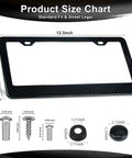 Slick Pure Carbon Fiber License Plate Frame For Cars size chart showing dimensions and mounting hardware options.