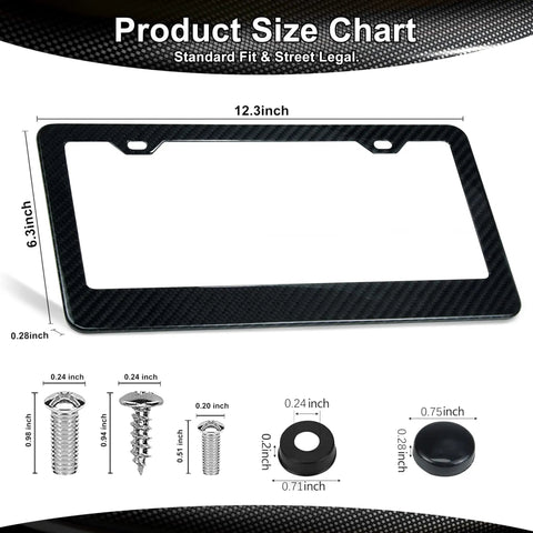 Slick Pure Carbon Fiber License Plate Frame For Cars size chart showing dimensions and mounting hardware options.