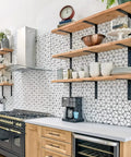 Top Notch Legit Heavy Duty L Shaped Floating Shelf Brackets used for sturdy kitchen shelves with wooden planks and black supports.