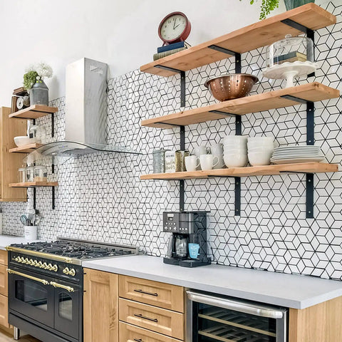 Top Notch Legit Heavy Duty L Shaped Floating Shelf Brackets used for sturdy kitchen shelves with wooden planks and black supports.