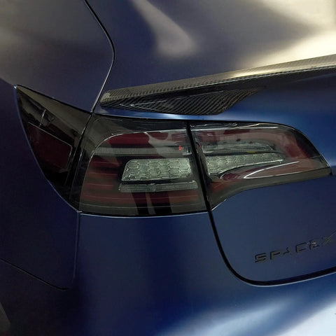 Knight Rider Led Tail Light Upgrade Kit For Model 3 And Model Y Plug And Play Rear Lamps In Flame Design close-up view on Tesla.