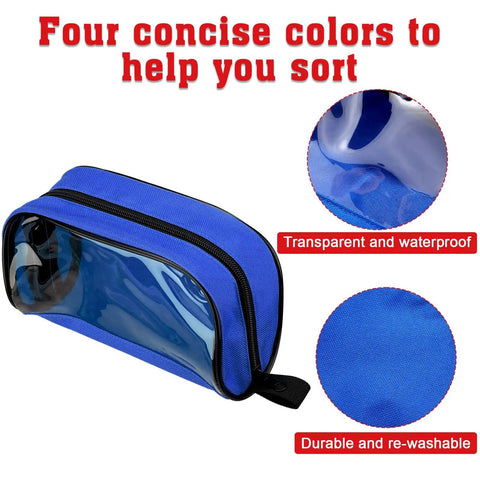 Blue pouch from Four Piece Color Coded First Aid Pouches Set With Transparent Window For Easy Visibility Zippered Medical Supply Bags photographed.