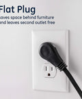 8 Ft 3 Outlet Flat Extension Cord With Grounded 3 Prong Plug Right Angle Flat Design 16 Gauge Power Strip For Indoor Office Use UL Listed Black Space Saving Tangle Free installed in wall outlet