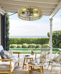 5 Pc Blades Ceiling Fan with Remote Control, Low Profile Flush Mount hanging in a stylish outdoor patio setup.
