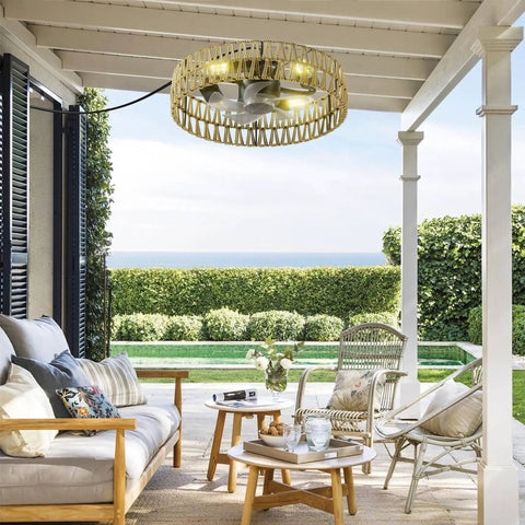 5 Pc Blades Ceiling Fan with Remote Control, Low Profile Flush Mount hanging in a stylish outdoor patio setup.