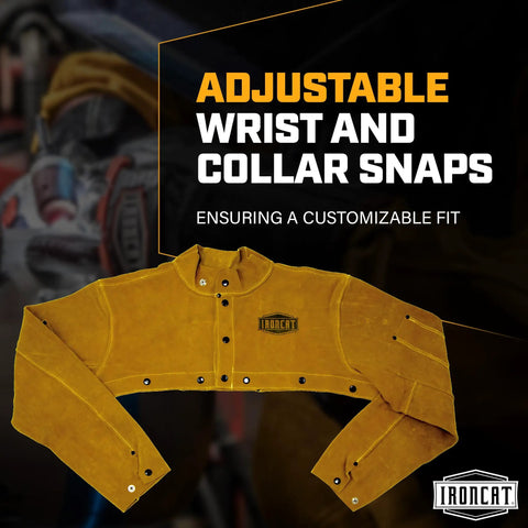 Heavy Duty Cowhide Leather Welding Cape Jacket Built Tough To Kick Some Serious Spatter And Block Extreme Heat Features Soapstone Storage Pockets And Adjustable Wrist Snaps For Ultimate Shop Protection in yellow with adjustable snaps.