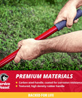 Person gripping the textured rubber handle of a carbon steel tool on grass for efficient yard clean-up with comfort.