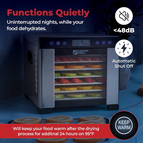 Pro Food Dehydrator With 600W Rear Fan For Even Drying 7 Stainless Steel Trays Temperature Control From 95 To 176 F 48 Hour Timer Keep Warm Auto Shutoff ETL Listed shown with fruit trays inside and digital display.