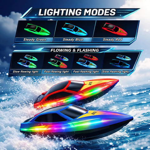 10 Inch Remote Control Boat With 7 Mode LED Lights For Lit Night Racing 15KMH High Speed 2.4GHz Control 3 Speed Modes
