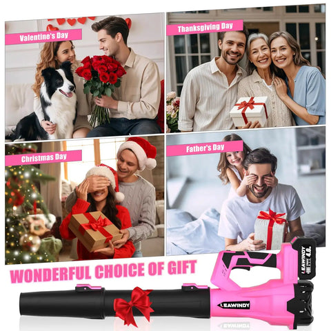 Pink 21V Cordless Leaf Blower With Six Speed Levels shown as a versatile gift idea for various occasions, including holidays.
