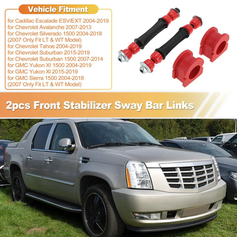 Two Piece Front Sway Bar Link Kit With Bushings For Cadillac Escalade Tahoe Silverado Avalanche GMC Yukon Sierra 2004 2018 Durable Stabilizer Links For Tight Handling And Smoother Rides On Rough Roads, 2pcs with red bushings