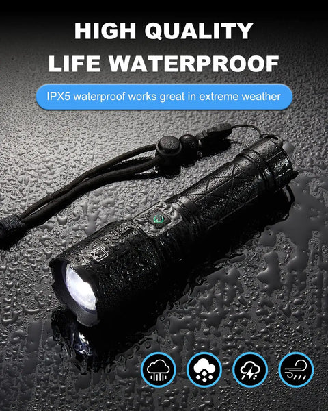Rechargeable High Lumen Flashlight With 100000 Lumens, Beast Mode Tactical Beam, IPX5 Waterproof, shown in wet conditions