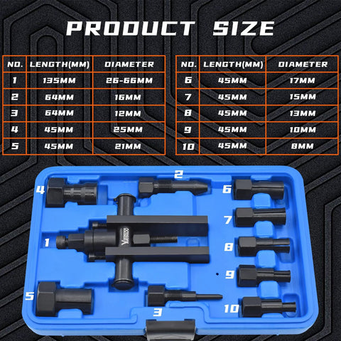 10 Piece Motorcycle Bearing Extractor And Puller Tool Kit For 8 To 25 Mm Bearings with collets in case showing sizes