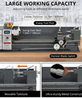 Garvee Mini Metal Lathe 9x30 Inch With 1100W Powerful Motor And 0-3000 Rpm Variable Speed Digital Readout Precision Benchtop Lathe showing large working capacity with 4-way tool post and movable tailstock.