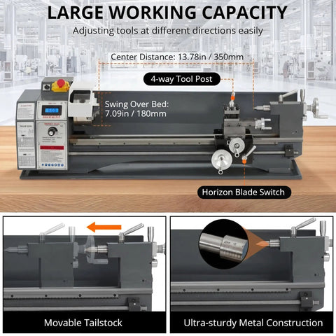 Garvee Mini Metal Lathe 9x30 Inch With 1100W Powerful Motor And 0-3000 Rpm Variable Speed Digital Readout Precision Benchtop Lathe showing large working capacity with 4-way tool post and movable tailstock.