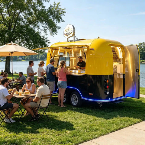 Turnkey Commercial Food Truck For High Volume Burger Stands And Mobile Catering Trailer with outdoor seating by a lake.