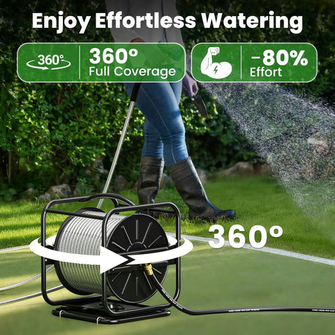 Garden Hose Reel With 360 Degree Swivel Base Holds 100 To 200 Ft Hoses Upgraded Guide System in use on lawn