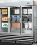 Heavy Duty Three Door Glass Front Commercial Refrigerator Reach In Cooler Built Tough With Stainless Steel Exterior 66.5 Cubic Feet, showcasing organized shelves.