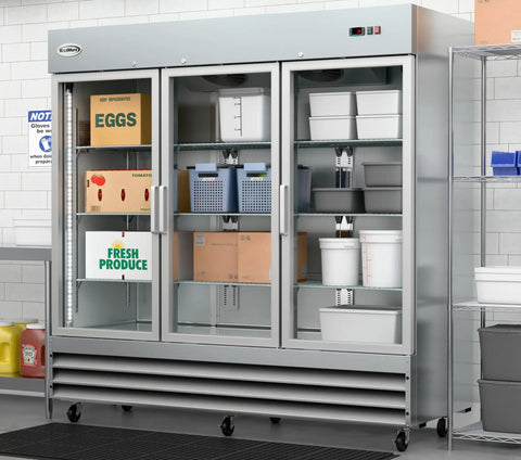 Heavy Duty Three Door Glass Front Commercial Refrigerator Reach In Cooler Built Tough With Stainless Steel Exterior 66.5 Cubic Feet, showcasing organized shelves.