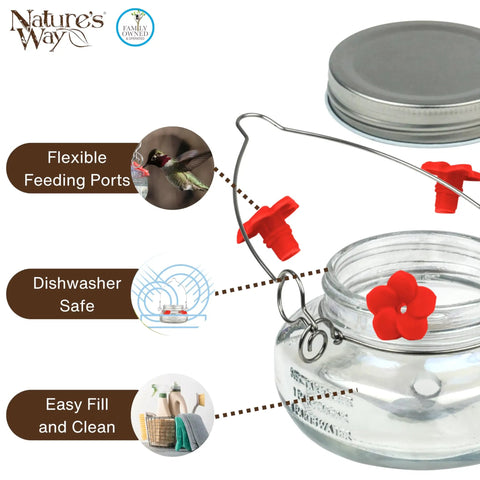 Mason Jar Hummingbird Feeder With Four Feeding Ports Clear Glass Bird Feeder, easy fill, no spill, leak free, wide mouth jar.