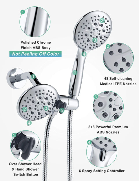 Polished chrome shower heads with medical TPE nozzles, over shower head switch, detail view of Brushed Gold 3 Way Shower Faucet Set