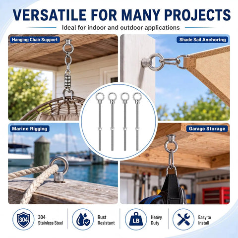 4 Pack M10 Stainless Steel Eye Bolts With Nuts Three Eighths Inch By Eight Inches Heavy Duty Marine Grade Hardware Built Tough For Lash Points Towing Lifting And Other Industrial Or Home Projects used for hanging chair, shade sail, marine rigging, and garage storage