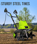 18 Inch Electric Tiller Cultivator with 8.7 Inch Depth and 24 Steel Tines, 13.5 Amp Corded Power in a field