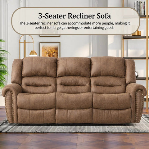 3-seater recliner from Manual Recliner Sofa Set With Overstuffed Arms And High Back Faux Leather 3 Piece Couch In Nut Brown Vintage Rivet Trim Ultra Comfy Recliners With Plush Armrests Ideal For Living Room Or Office