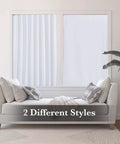 No Drill Adhesive Blackout Curtain Panel For Bedroom And Living Room displayed in two styles above a sofa, greyish white color.