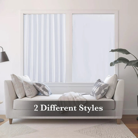 No Drill Adhesive Blackout Curtain Panel For Bedroom And Living Room displayed in two styles above a sofa, greyish white color.