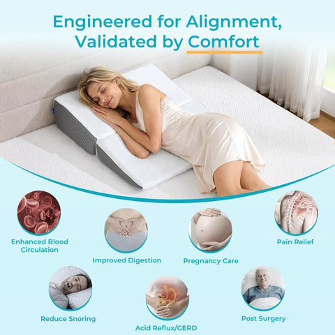 Woman sleeping with Real Deal Detachable Two Piece Bed Wedge Pillow, 29 inch, designed for post surgery recovery and comfort.