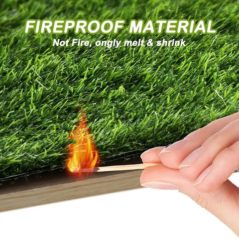 Close-up of No Fuss Low Maintenance Artificial Turf With UV Resistant Non Toxic Drainage Friendly Surface showing fireproof test.