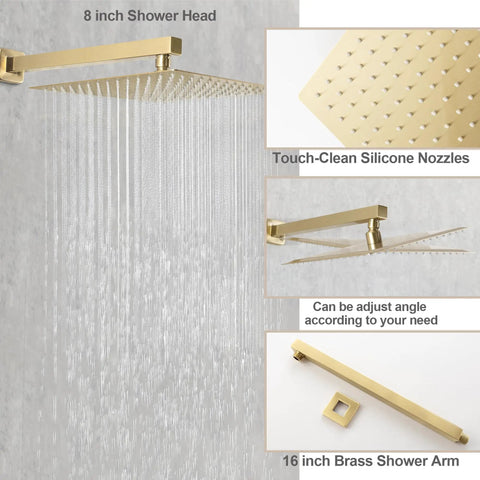 Brushed Gold 8 Inch Rain Shower System With Wall Mount Dual Function Shower Faucet Set And Rough In Valve displayed with silicone nozzles.