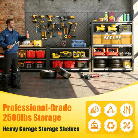 Heavy Duty Garage Shelving 5 Tier With 2500 Lbs Capacity Sturdy Industrial Storage Racks in workshop with tools and tires