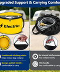 Reinforced RV Hose Storage Organizer with yellow bag for electrical cords, showing sponge-padded handle and reinforced stitching points.