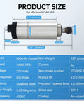 Air Cooled 800W CNC Spindle Motor 220V ER11 65mm, 0-24000 RPM, 0-400Hz, product dimensions and specifications chart
